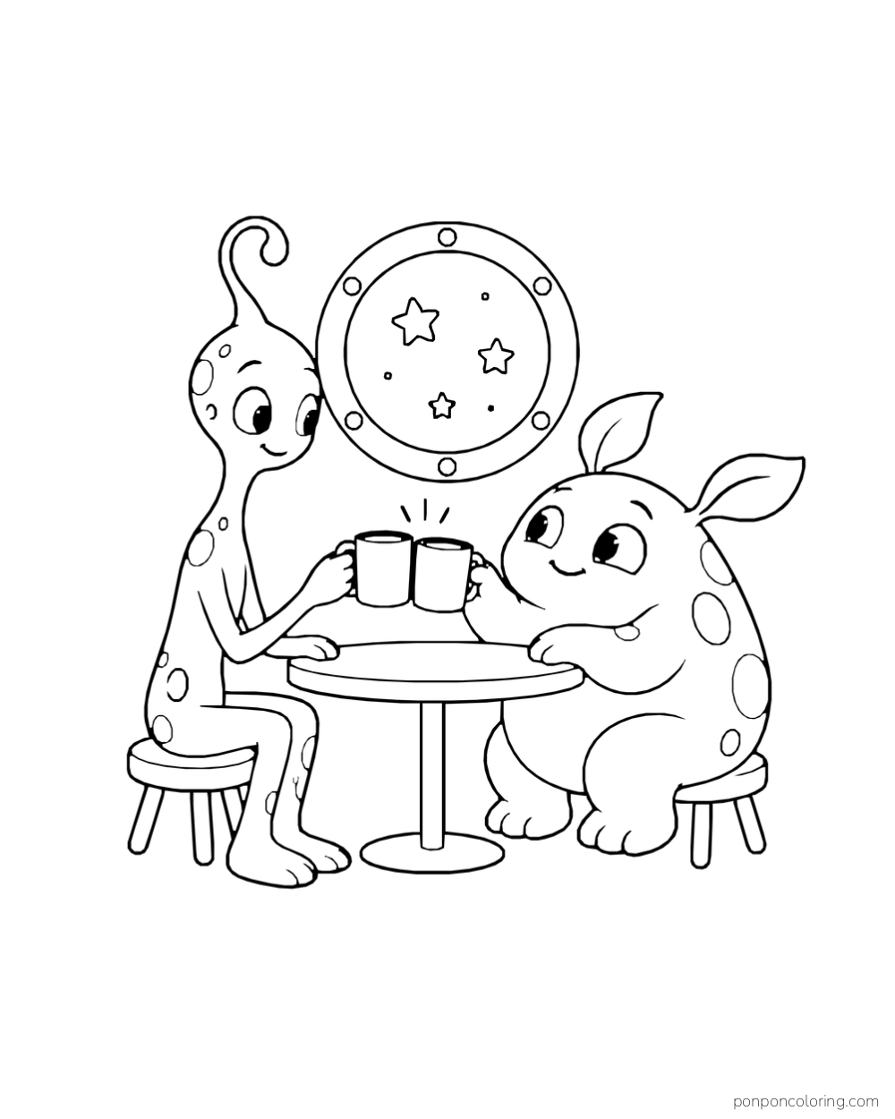Two different aliens touch mugs beneath a starry round window.