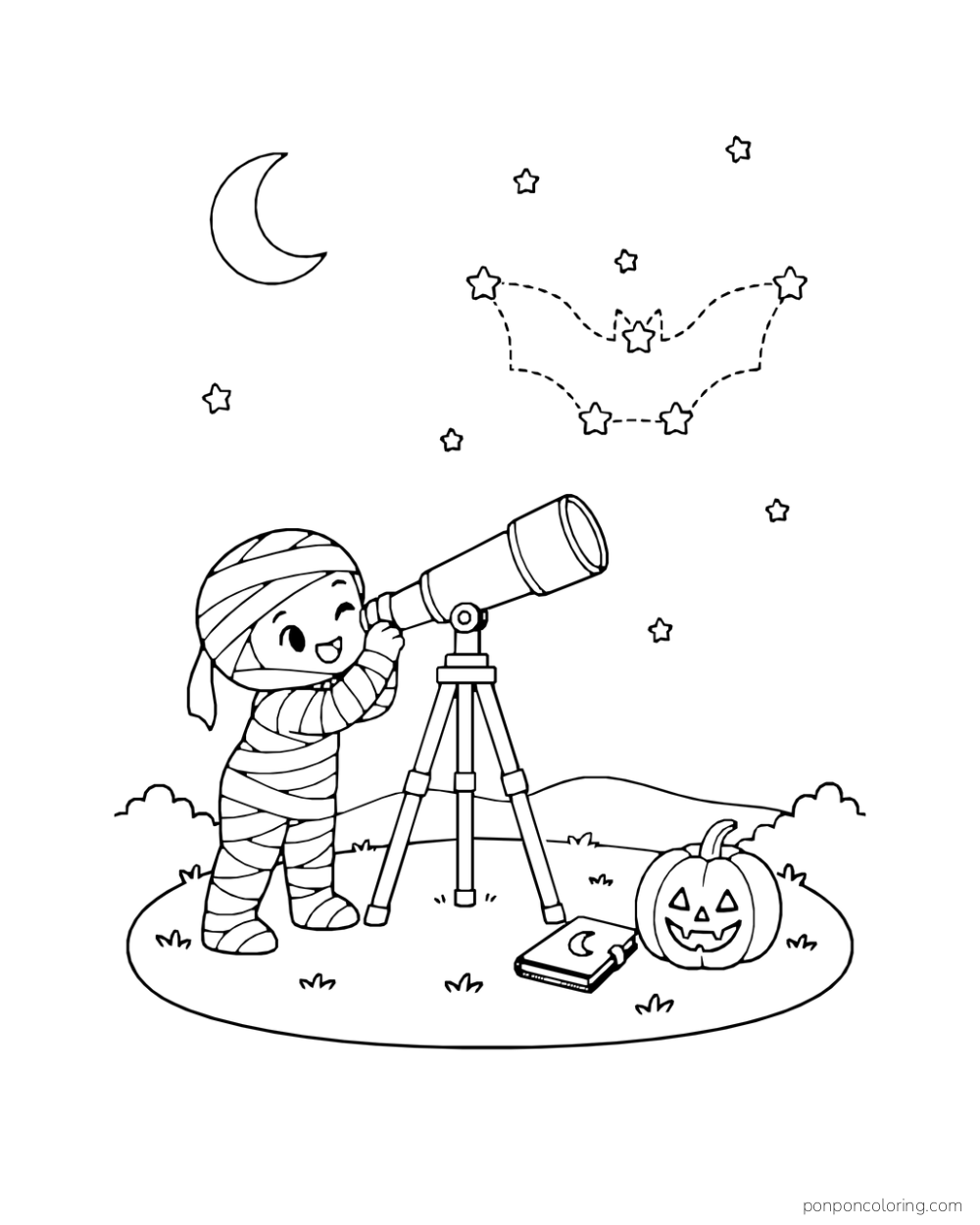 A child mummy uses a telescope to find a bat-shaped constellation above a pumpkin lantern and notebook.