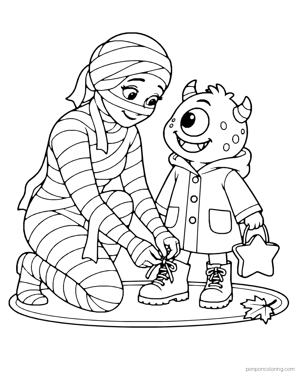 A caring mummy parent ties a one-eyed monster child's boot before trick-or-treating; the child holds a star candy pail.
