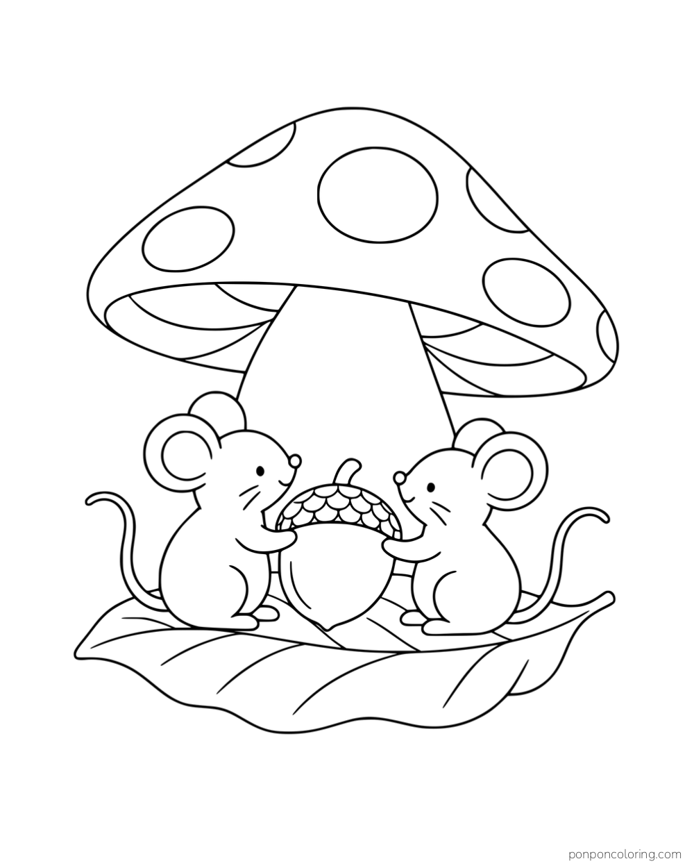 Two mice holding a large acorn on a leaf beneath a spotted mushroom.