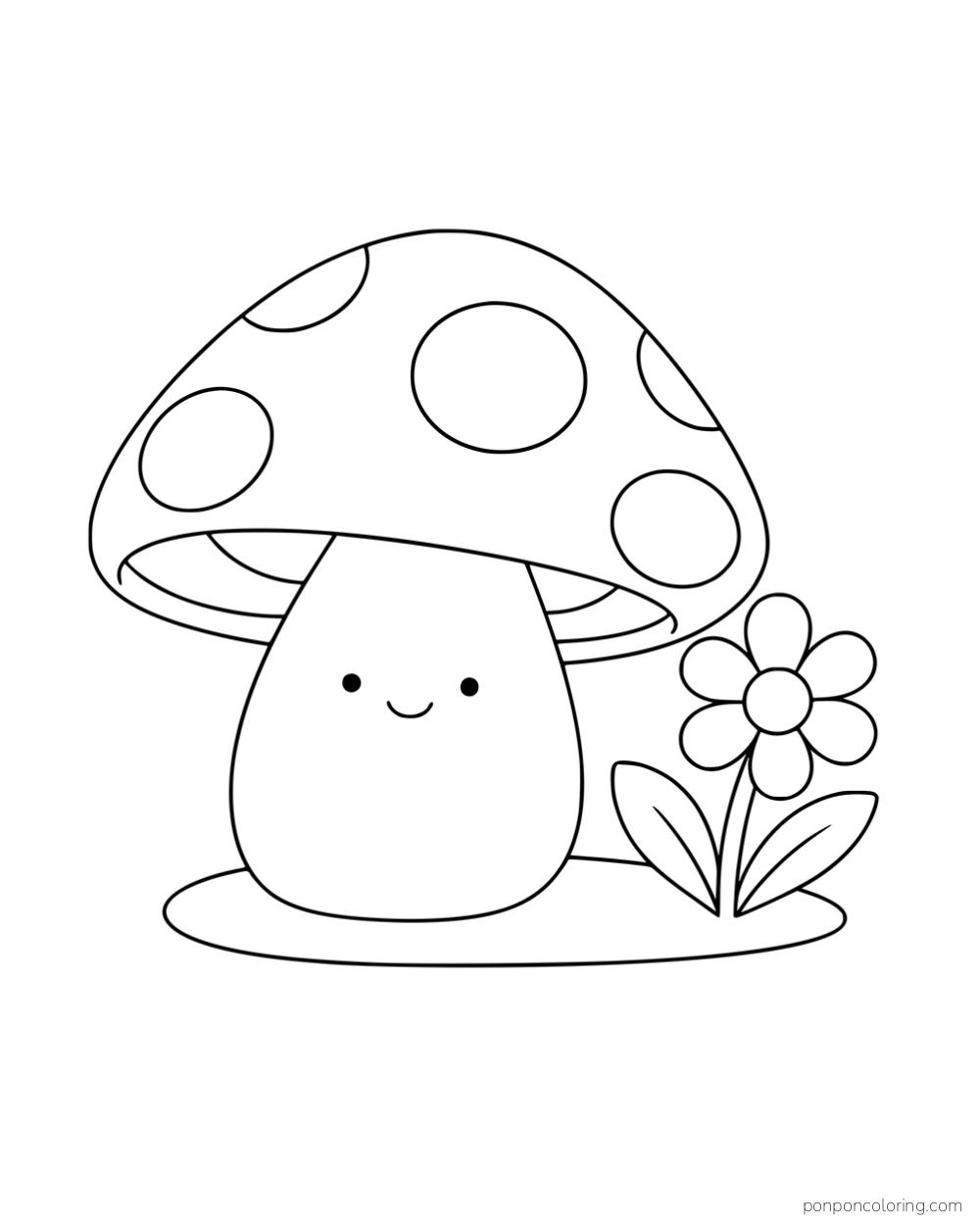A smiling mushroom beside a daisy on a small oval patch.