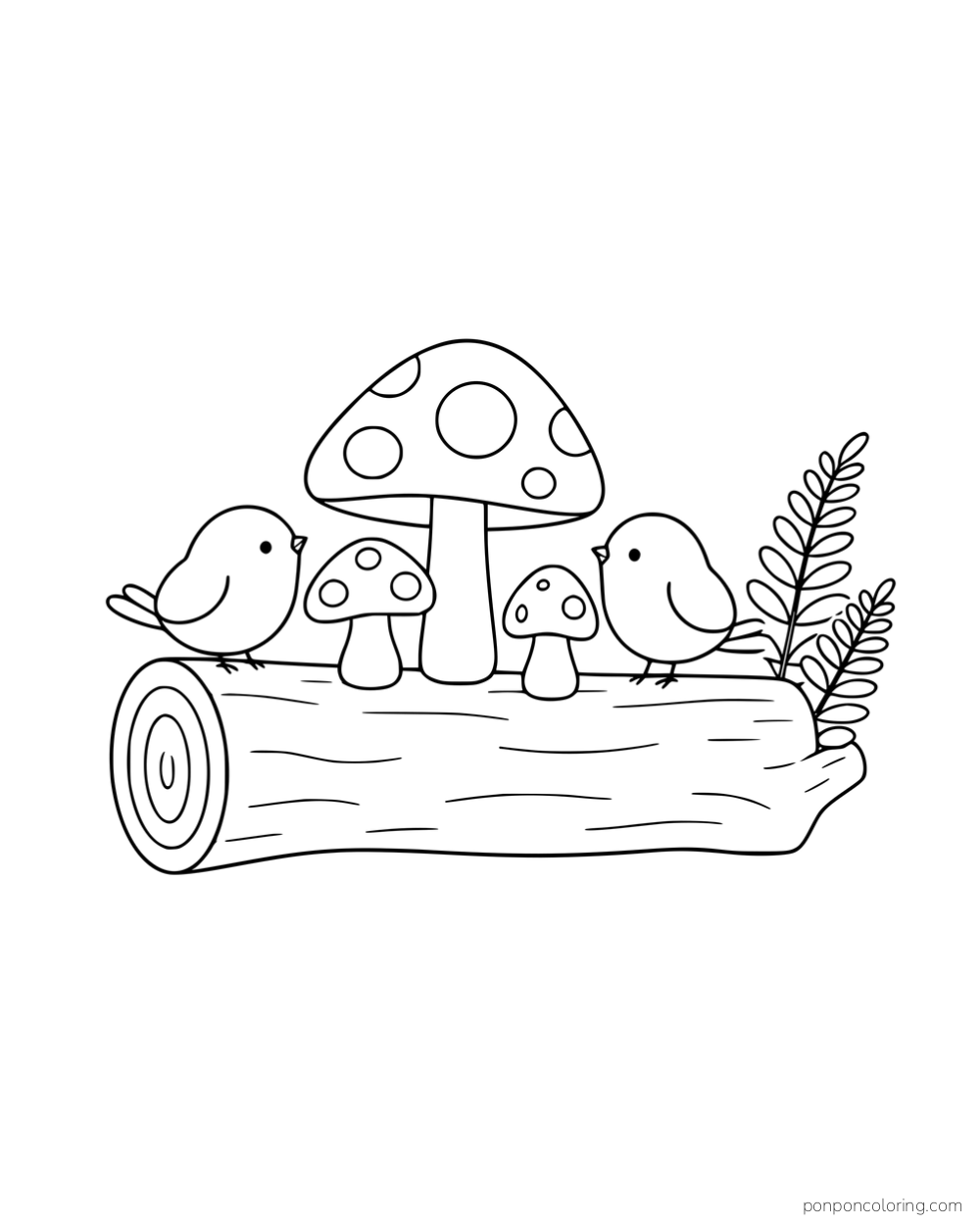 Two birds perched on a log with three mushrooms and a fern.