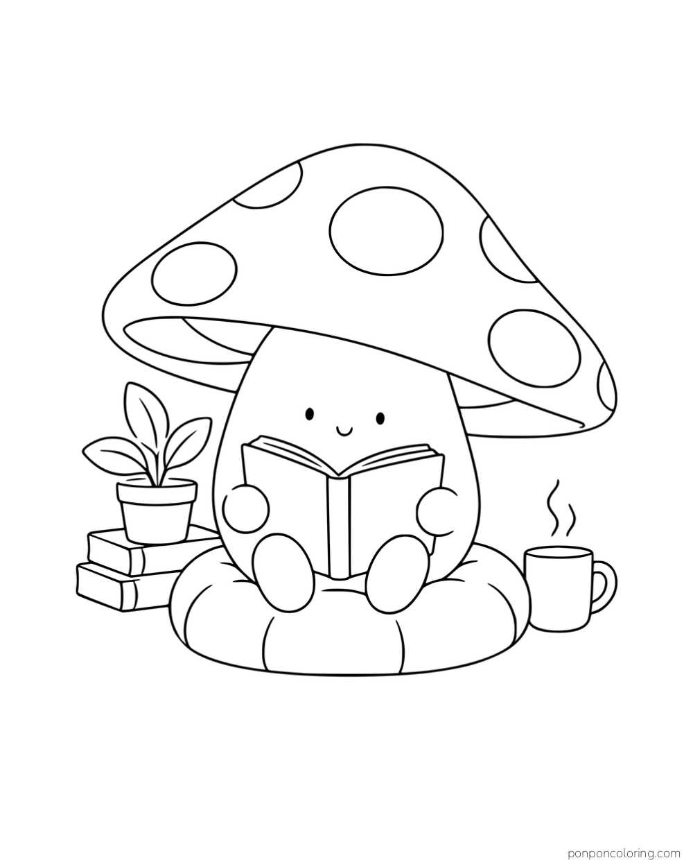 A mushroom character reading on a round cushion beside books, a potted plant and a mug.