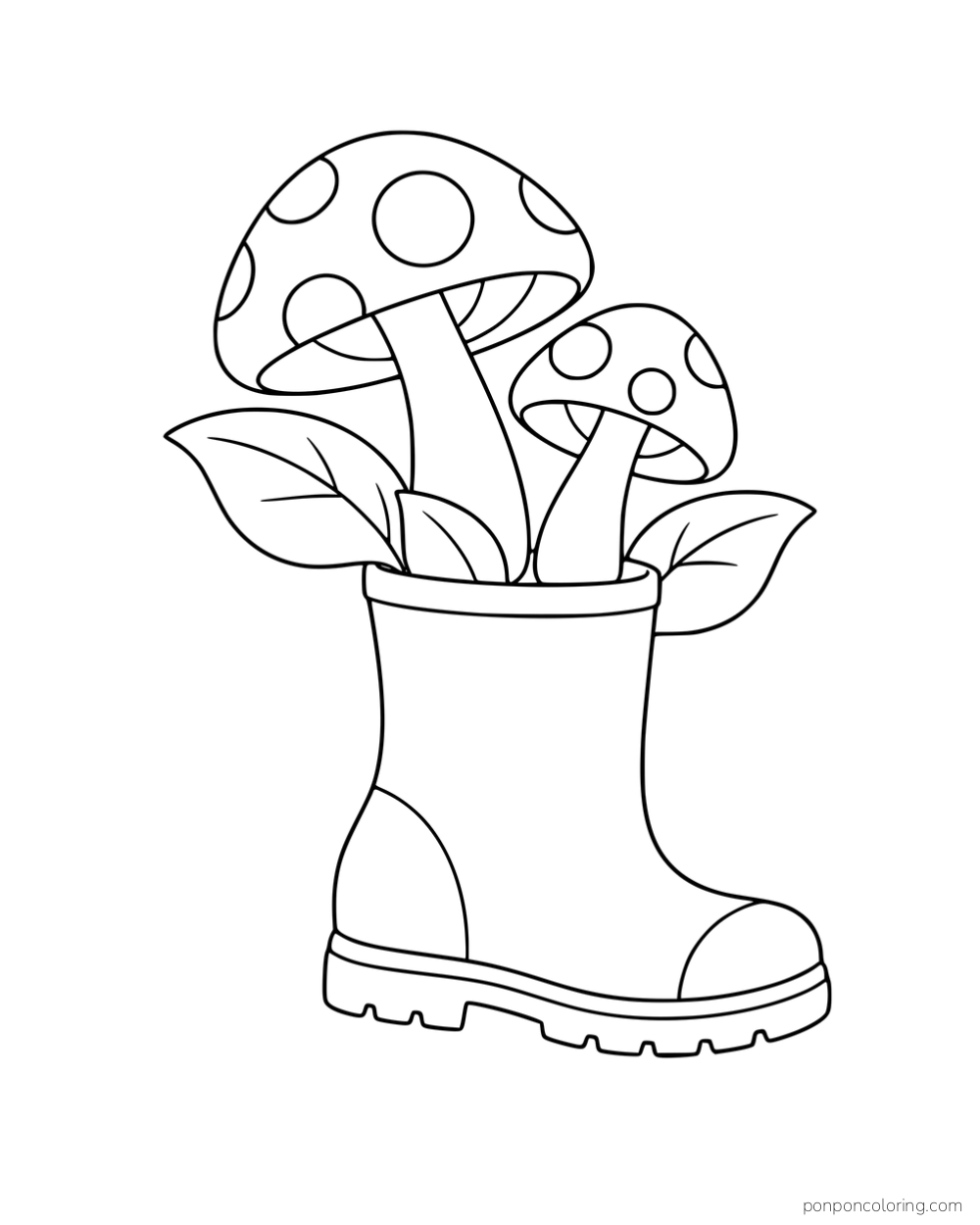 Two mushrooms and broad leaves growing from a rain boot.