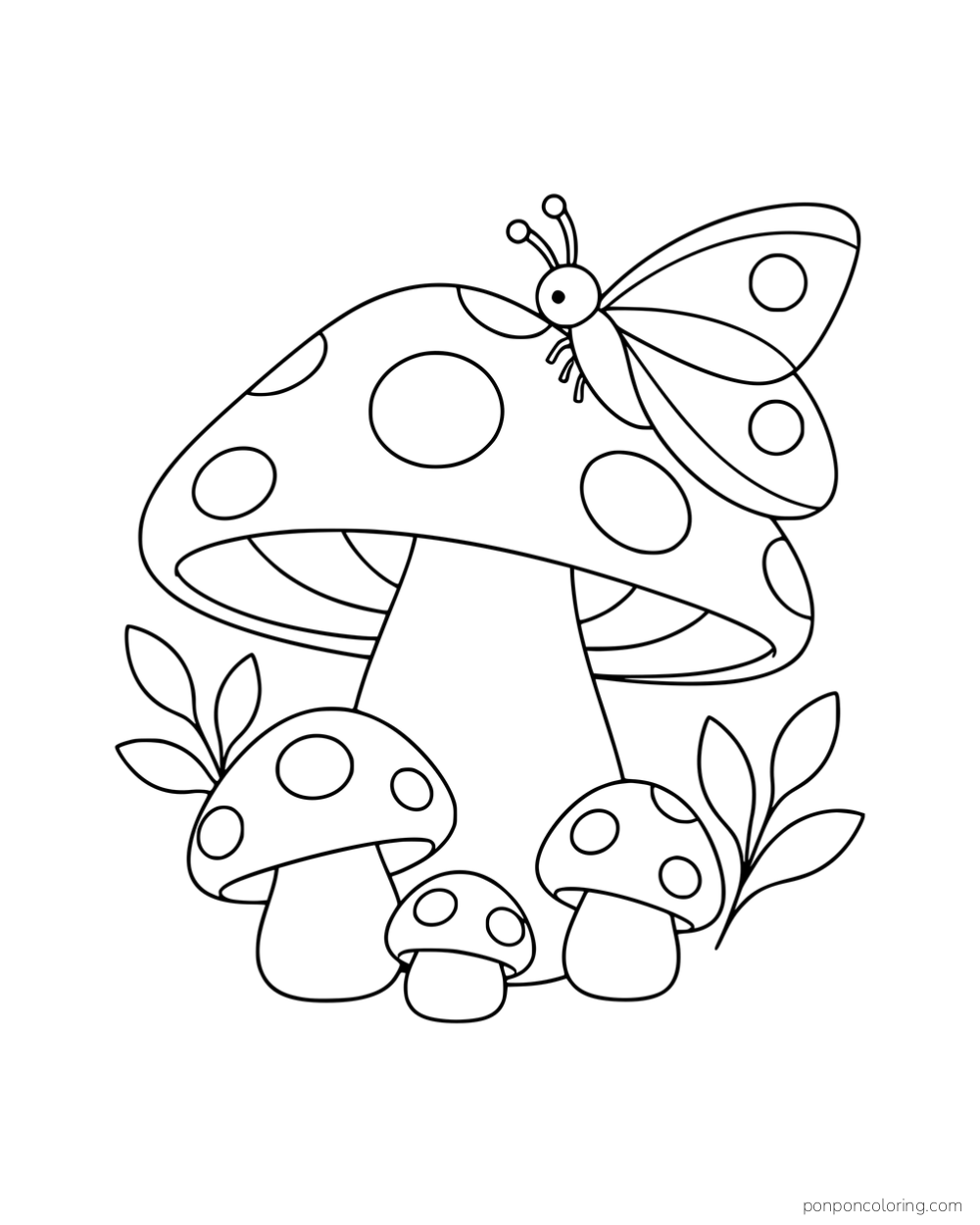 A butterfly resting on a large spotted mushroom above three smaller mushrooms and leafy sprigs.