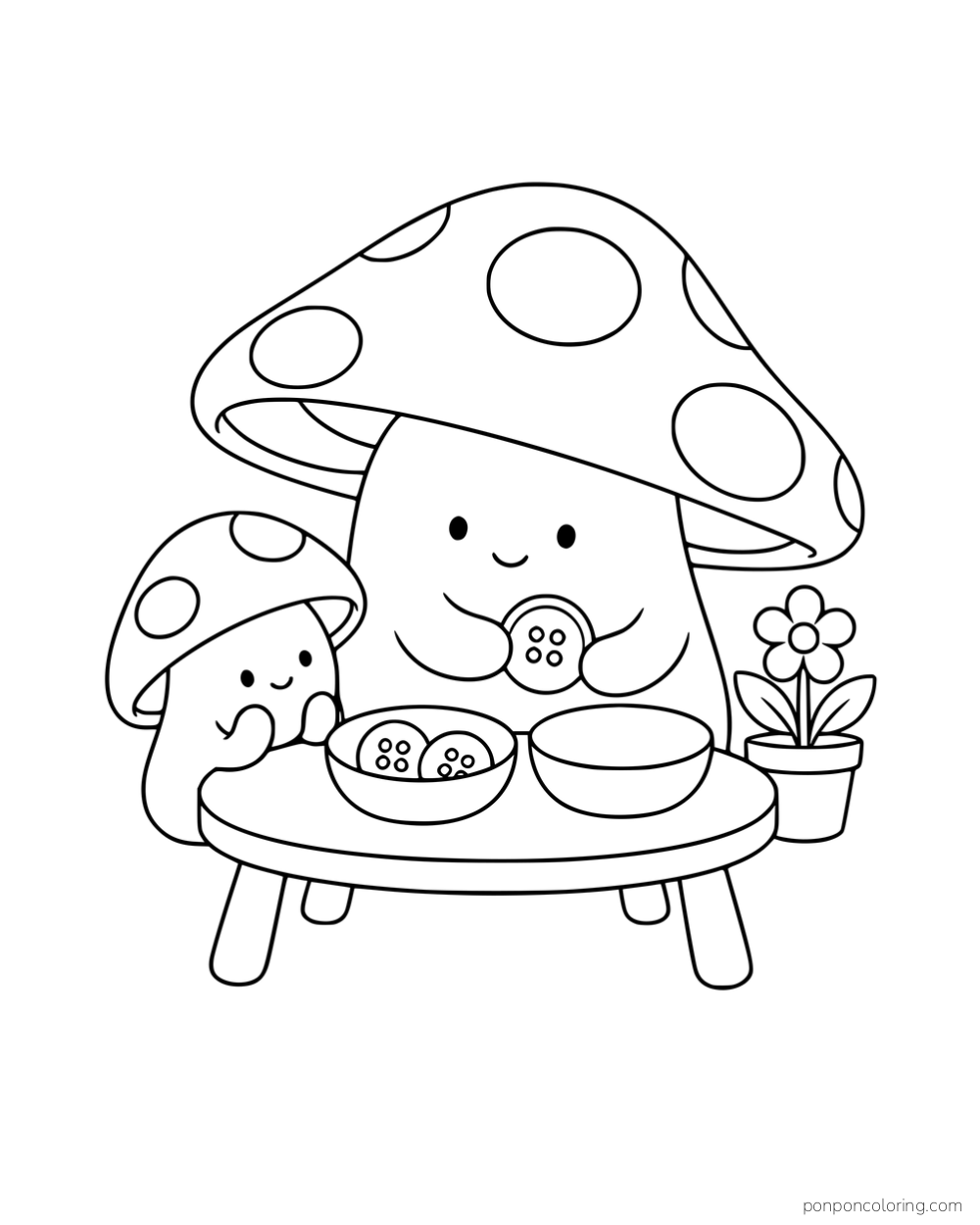 Two mushroom characters sorting buttons into bowls at a low table beside a flowerpot.