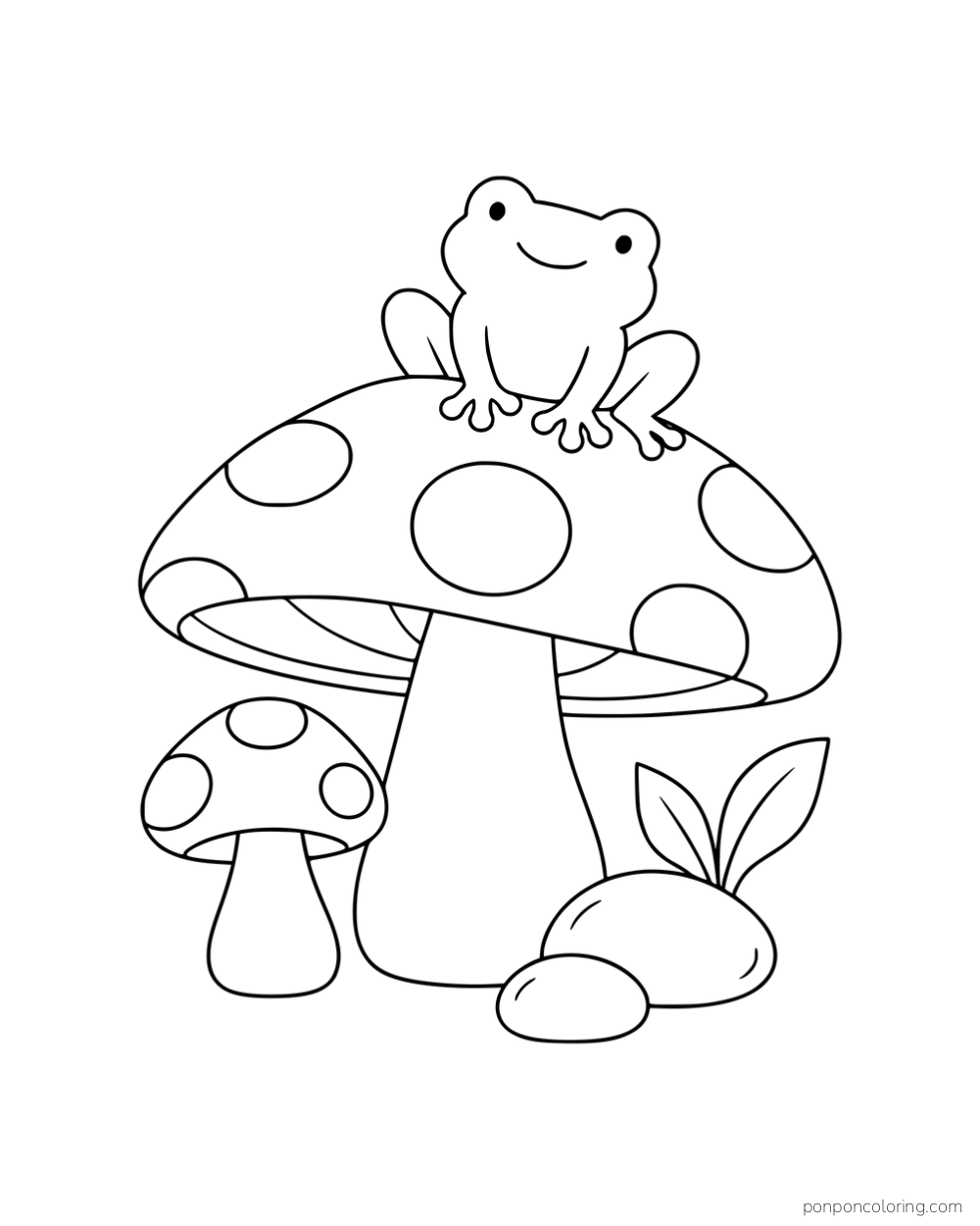 A frog sitting on a large spotted mushroom beside a smaller mushroom, two stones and leaves.