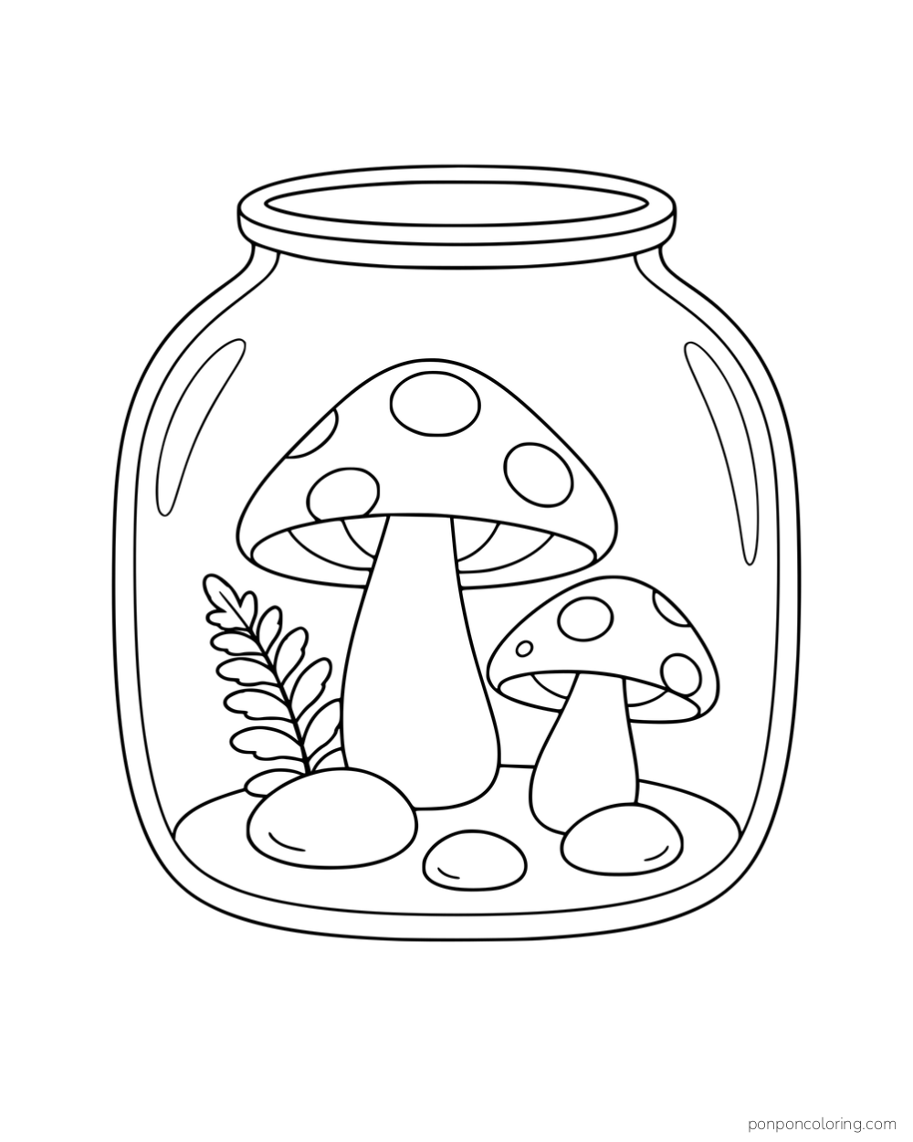Two mushrooms, a fern and smooth pebbles inside a wide glass jar.