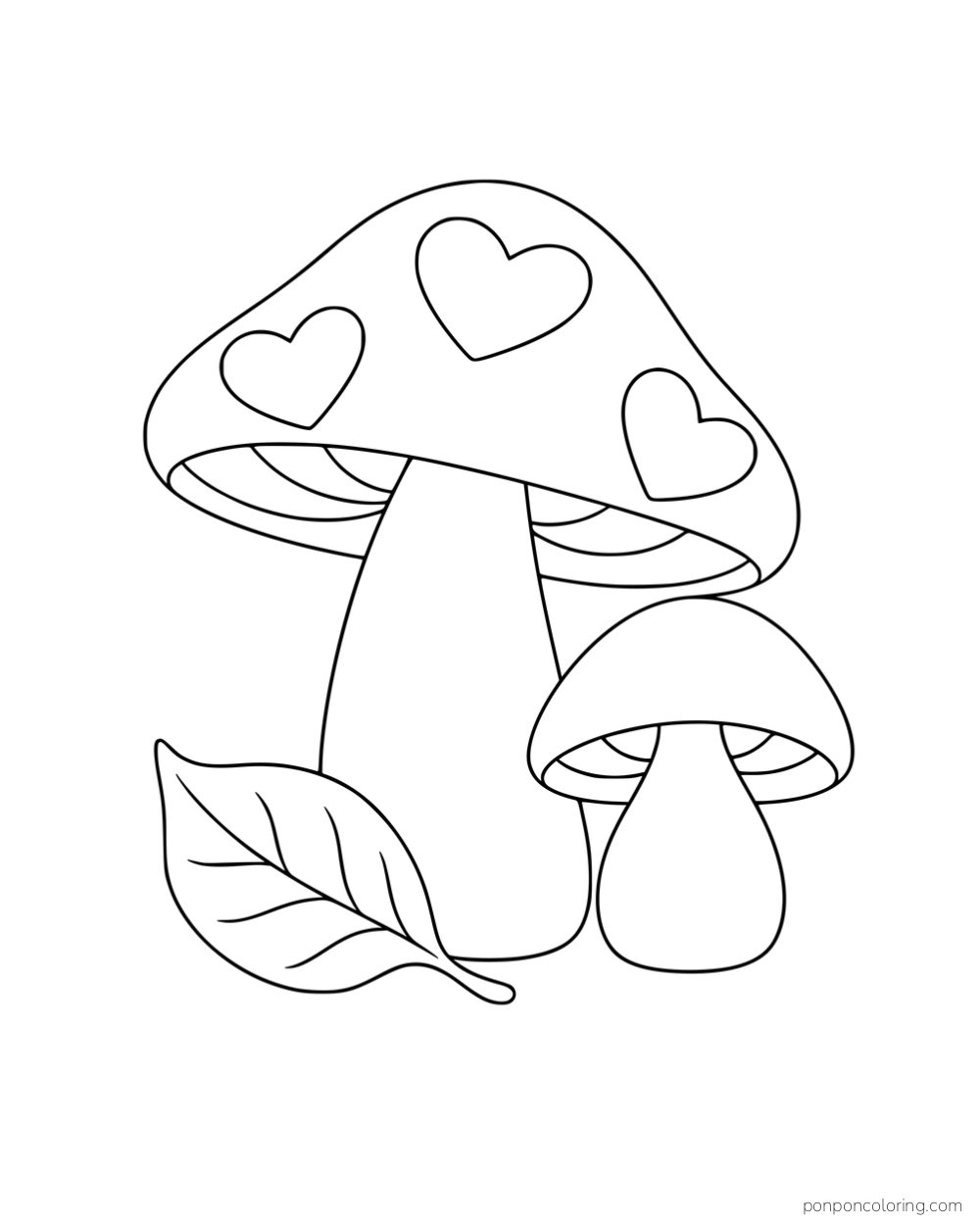 A mushroom with heart-shaped spots beside a smaller plain mushroom and a leaf.