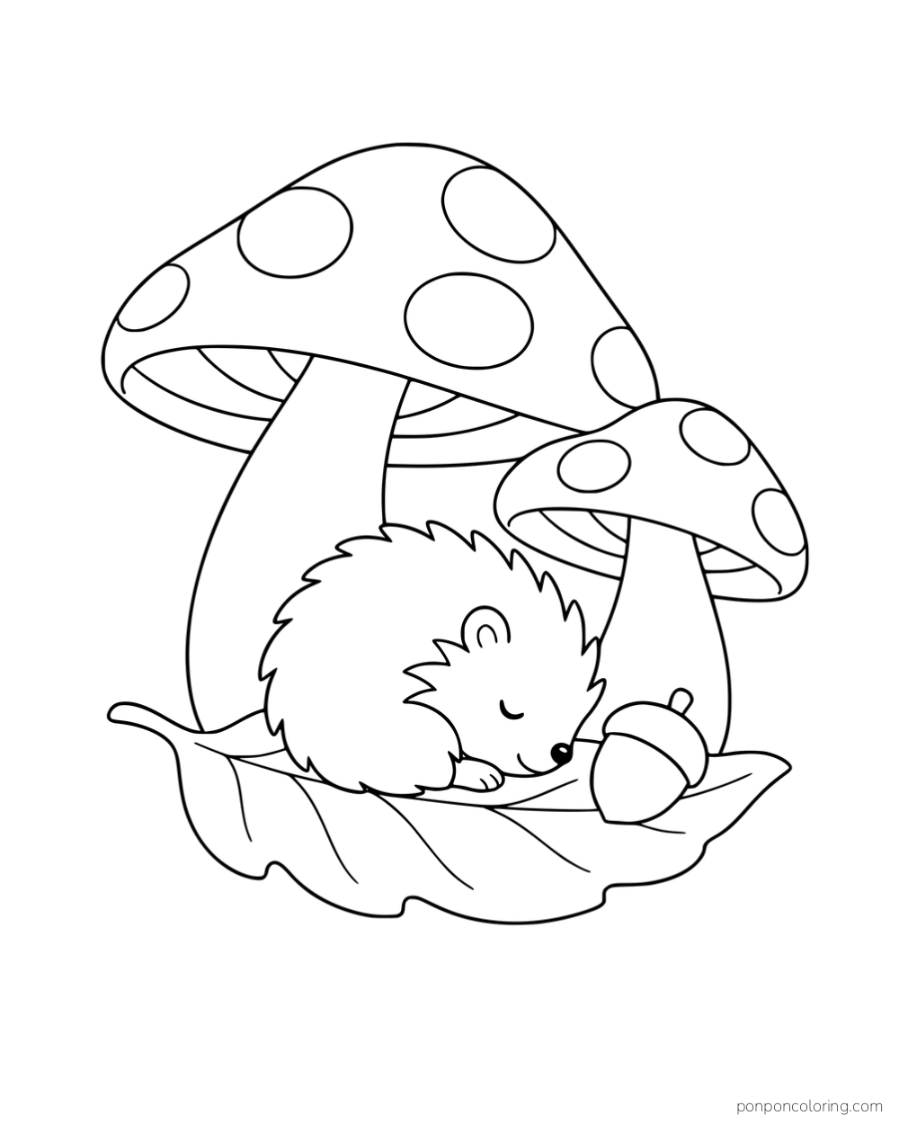 A hedgehog resting on a large leaf beneath two mushrooms beside an acorn.
