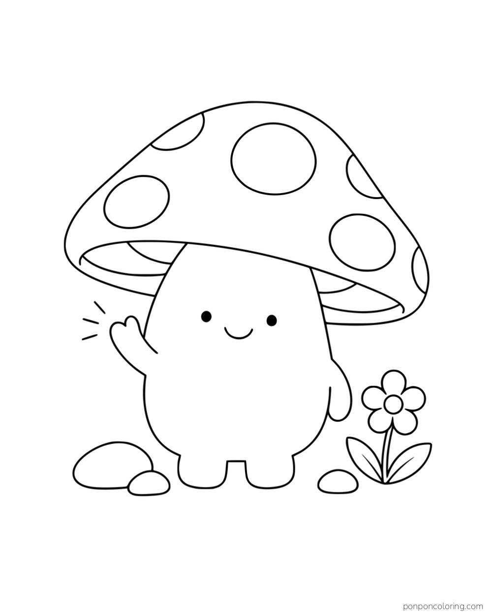 A waving mushroom character beside a flower and three pebbles.
