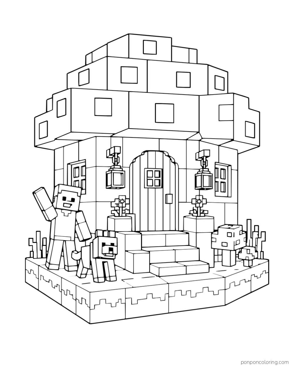 Steve and a wolf stand by a mushroom-shaped house on a grass-block platform.