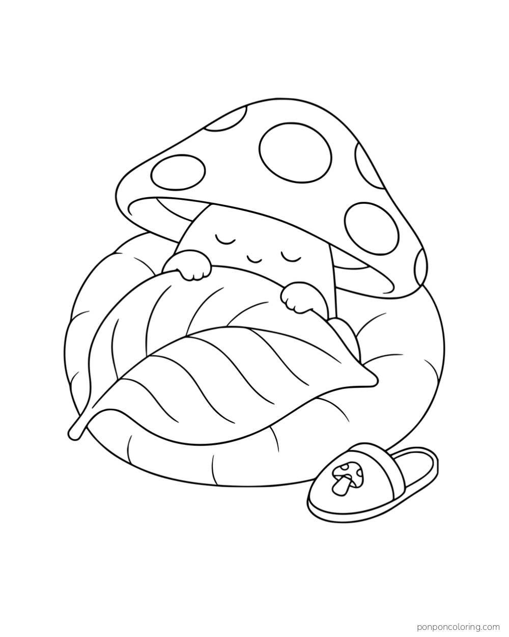 A mushroom character resting beneath a leaf blanket on a round cushion beside a slipper.