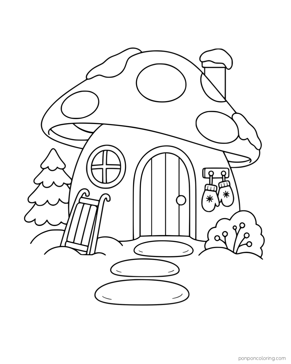 A mushroom cottage with snow on its roof, mittens beside the door and a sled leaning against the wall.