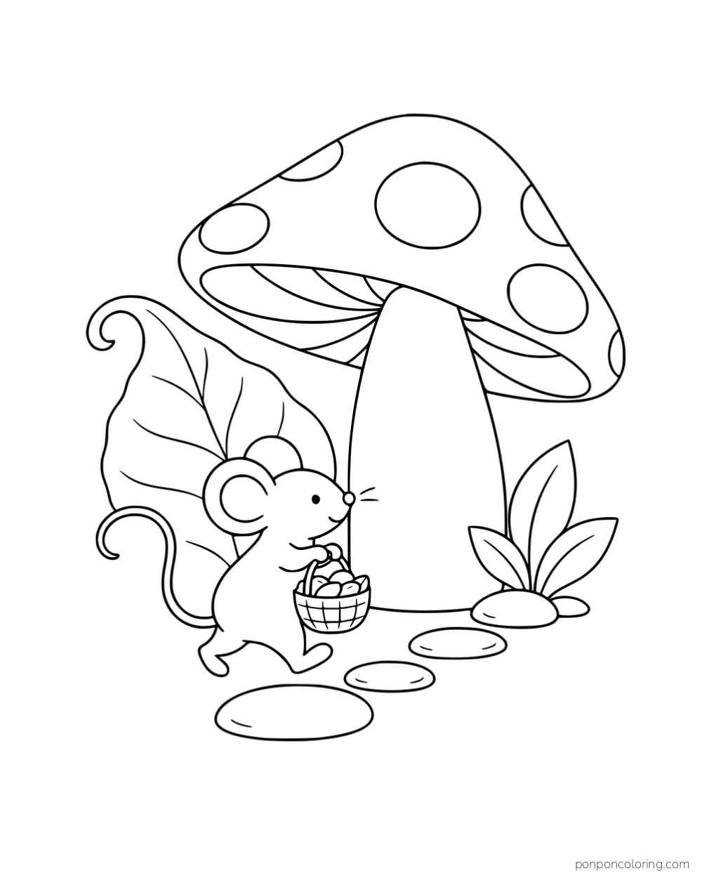 A mouse carrying a small basket beside a mushroom, curled leaf and stepping stones.