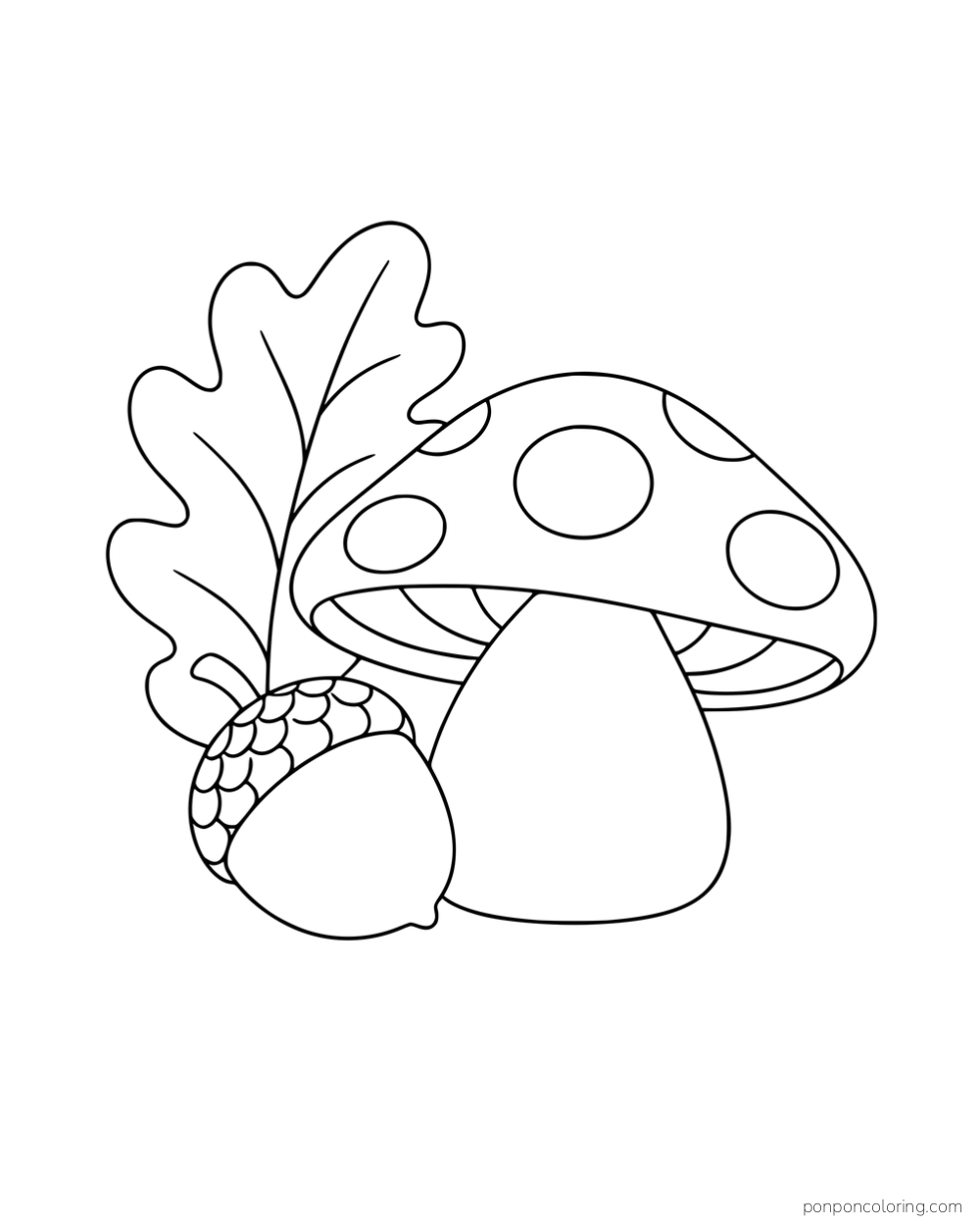 A mushroom beside a large acorn and oak-shaped leaf.