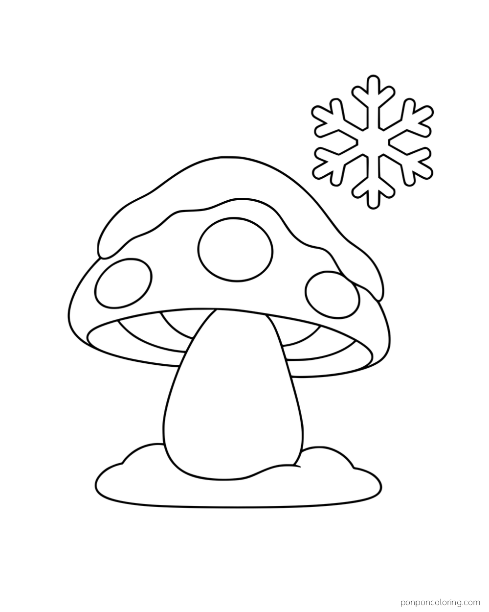 A mushroom with snow on its cap and base beneath a large snowflake.