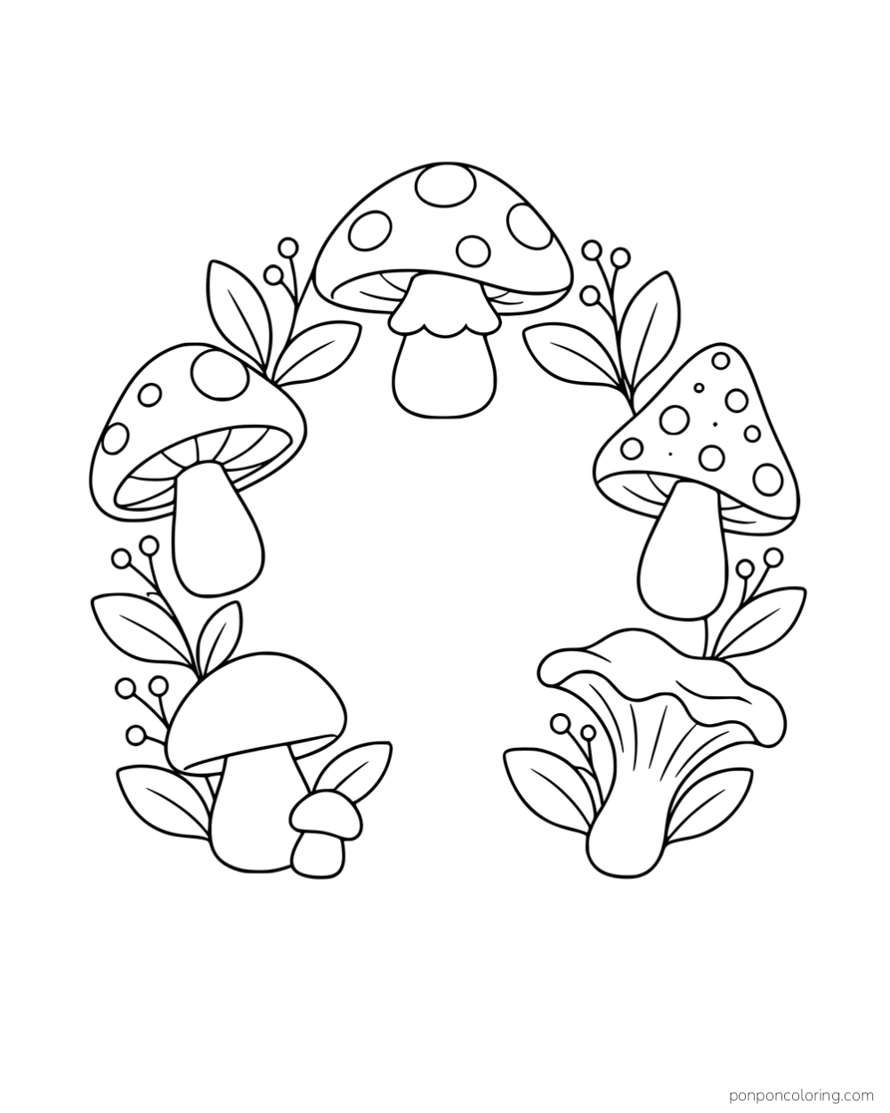 Different mushroom shapes and leafy sprigs arranged in an open garland.