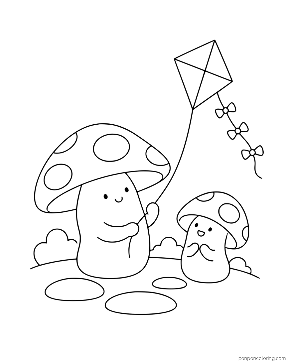 Two mushroom characters flying a diamond kite beside pebbles and small bushes.