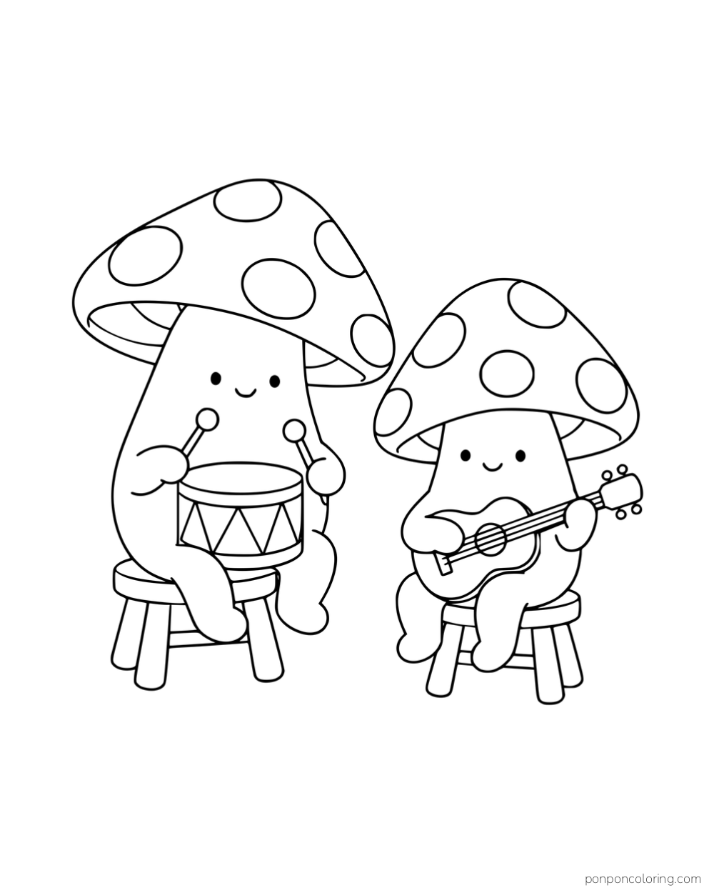 Two mushroom characters sitting on stools and playing a drum and ukulele.