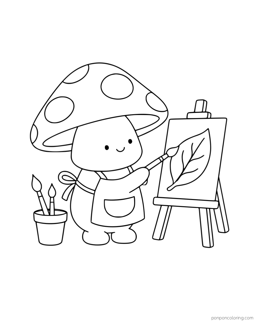 A mushroom character wearing an apron and painting a leaf on an easel beside a cup of brushes.