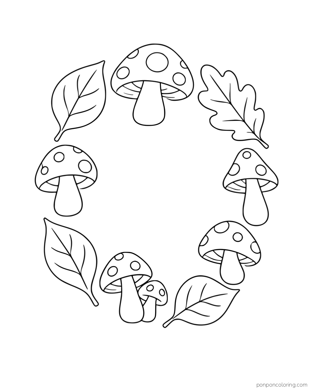 Small mushrooms and four large leaves arranged around an open oval center.