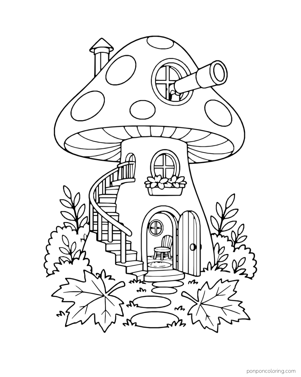 A giant mushroom house with an upper telescope, a curved exterior stair, open doorway, shrubs, and two fallen leaves.
