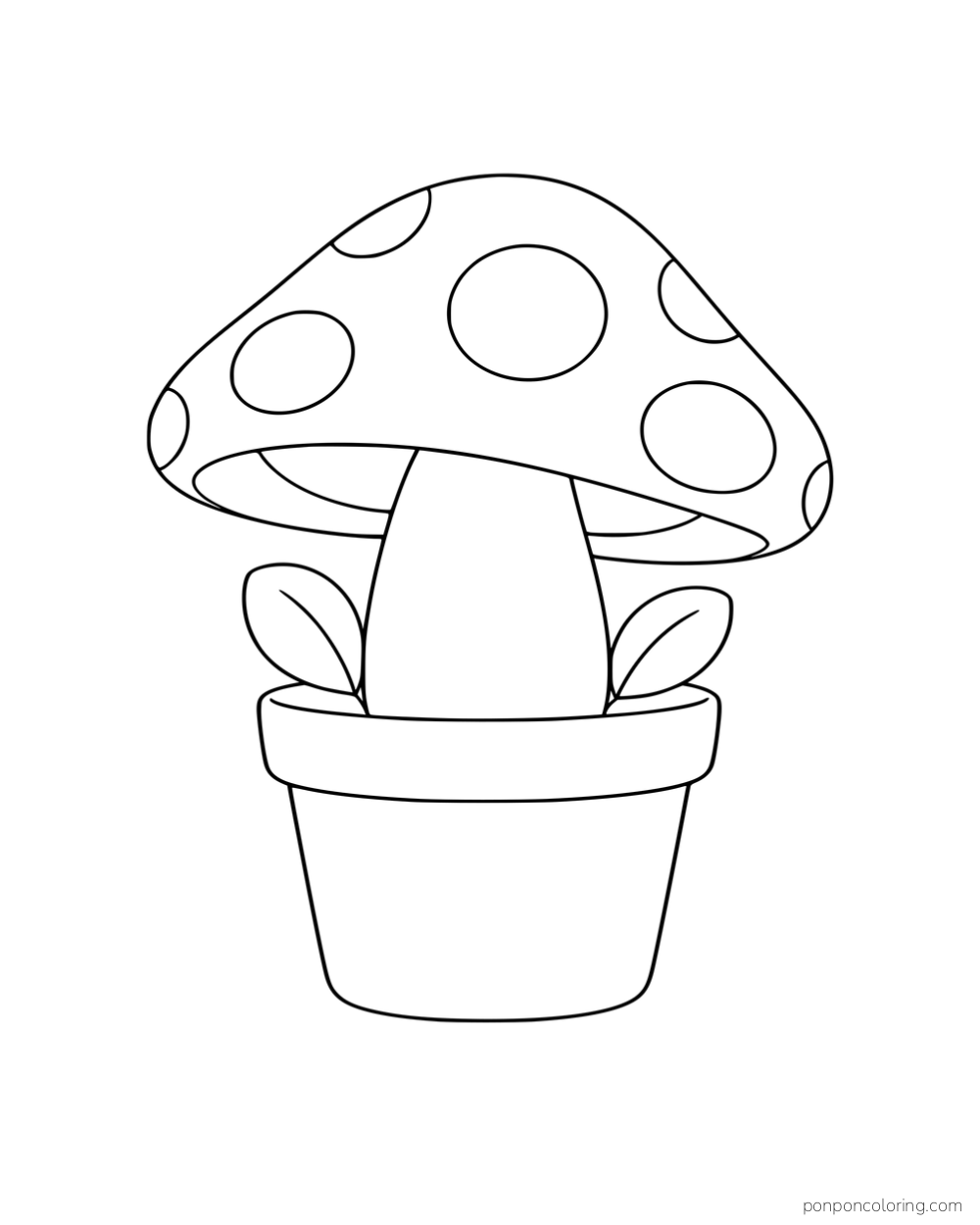 A single spotted mushroom with two leaves in a plain flowerpot.