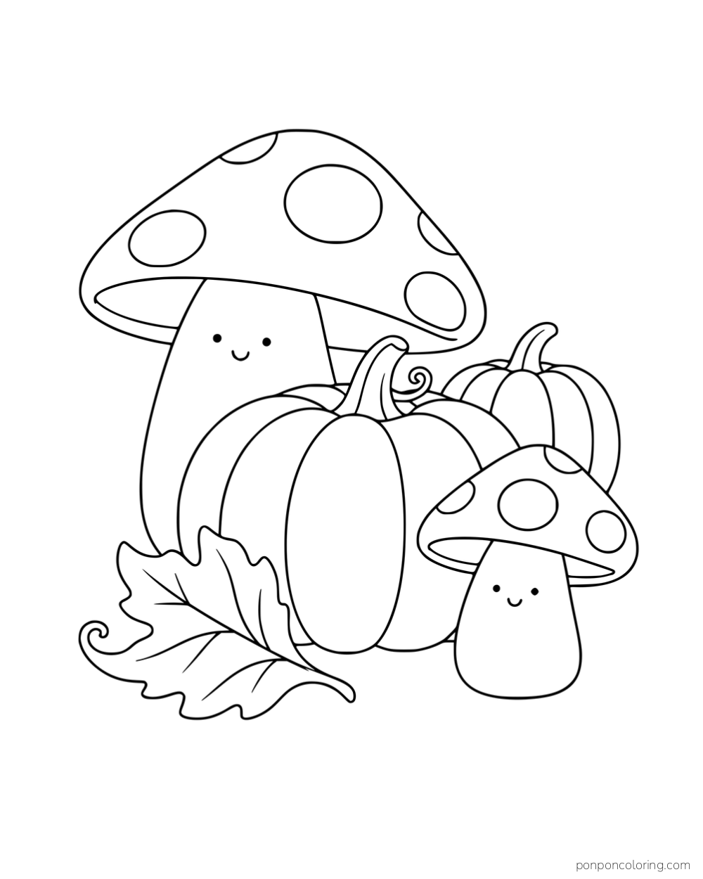 Two smiling mushrooms beside two pumpkins and a large curled leaf.