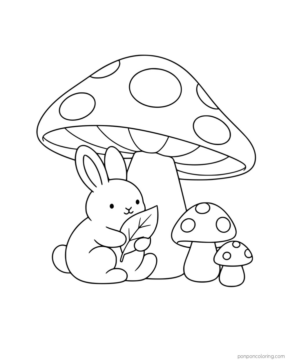 A rabbit holding a leaf beneath a large spotted mushroom, with two smaller mushrooms beside it.