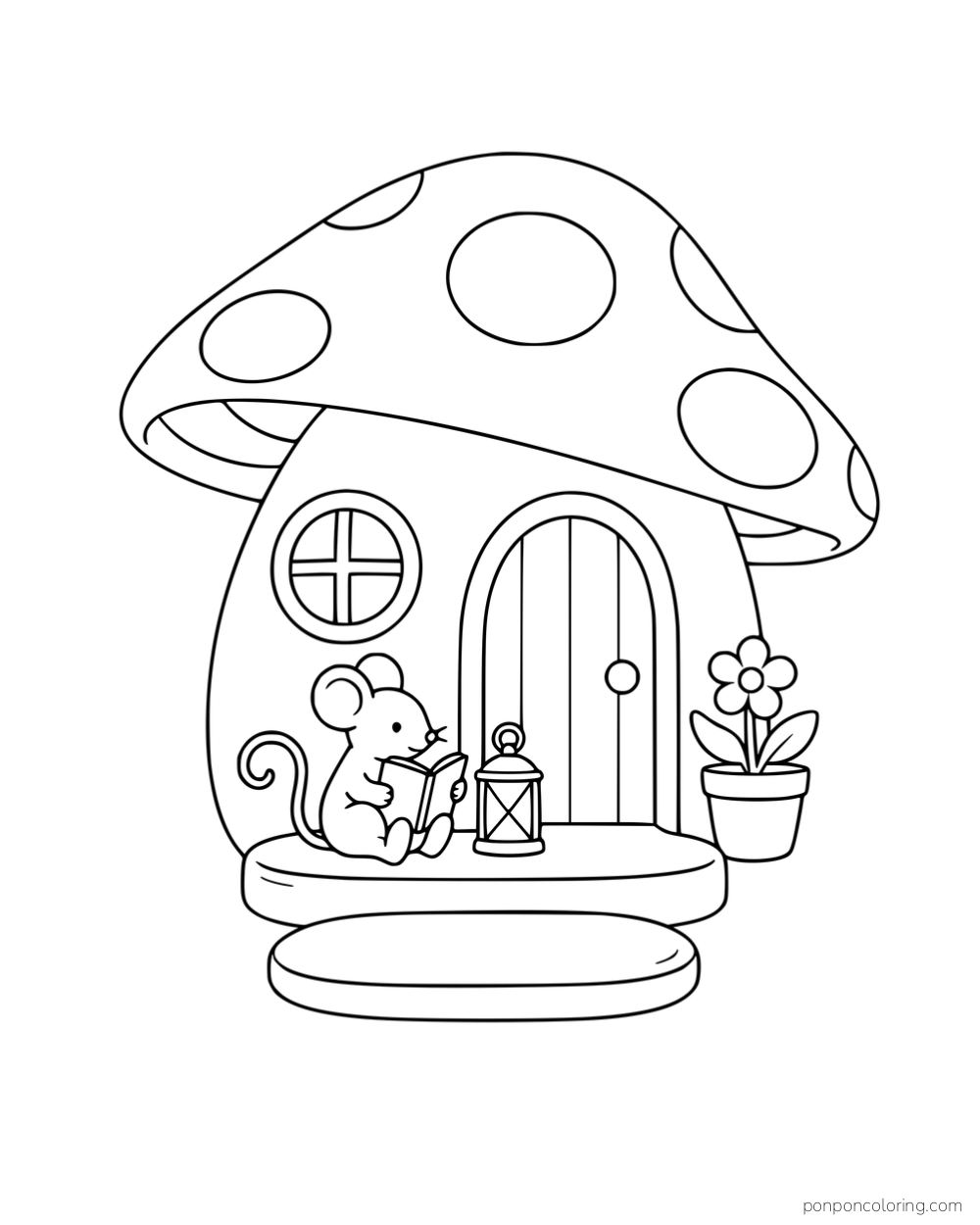 A mouse reading on the steps of a mushroom cottage beside a lantern and flowerpot.