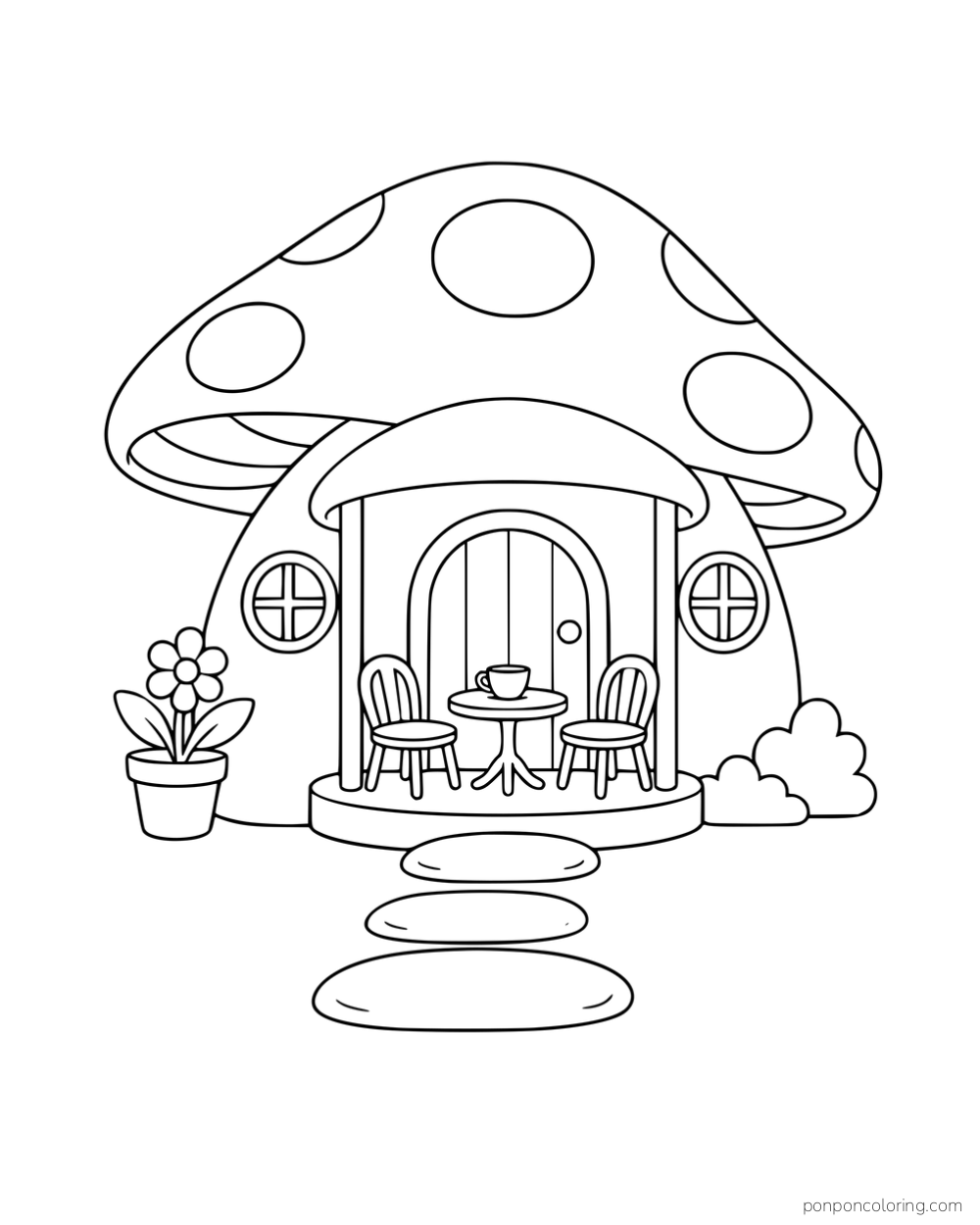 A mushroom cottage with two chairs and a cup on a table beneath a small porch roof.