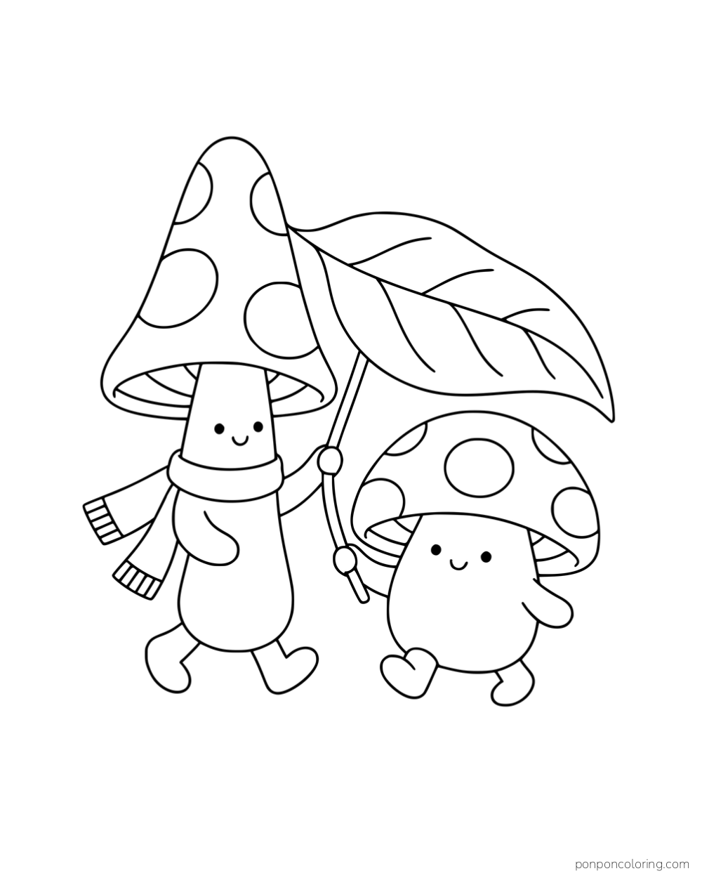 Two mushroom characters beneath a large leaf, with the taller character wearing a scarf.