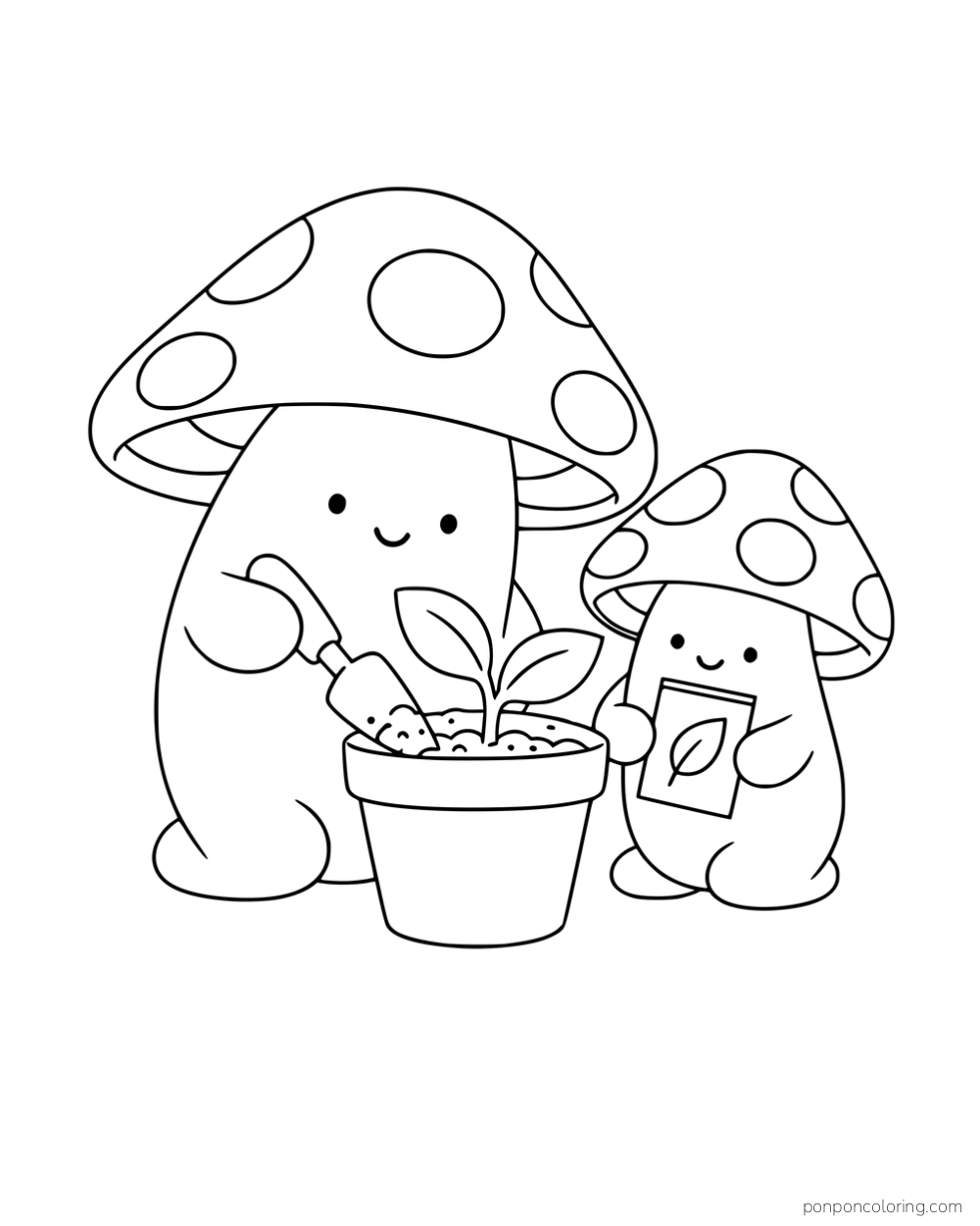 Two mushroom characters planting a seedling in a pot, with a trowel and a seed packet.