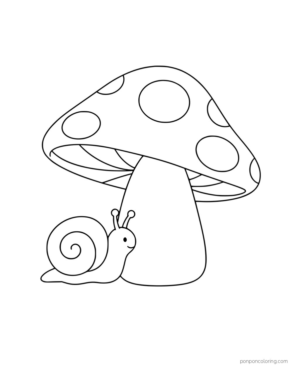 A snail beside a single large spotted mushroom.