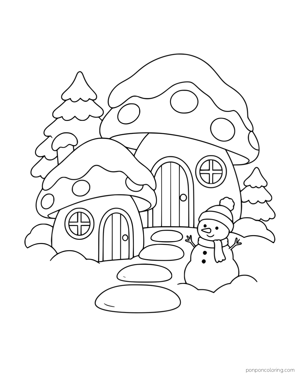 Two snow-covered mushroom cottages beside a snowman, evergreen trees and stepping stones.