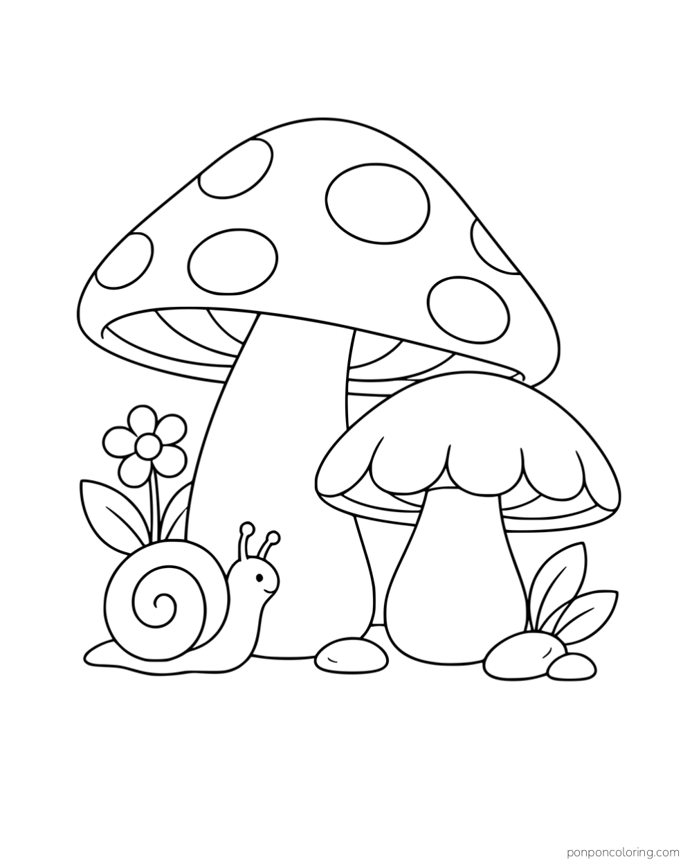 A tall spotted mushroom and a scalloped mushroom beside a snail, flower and pebbles.