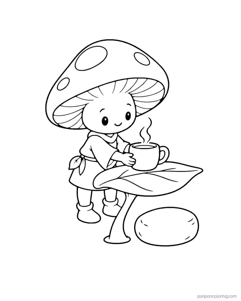 A mushroom sprite sets a cocoa mug on a leaf-shaped table beside a pebble seat.