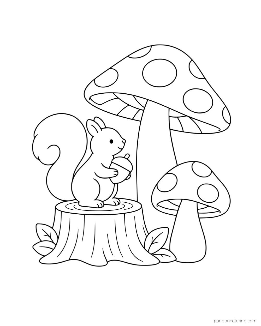 A squirrel holding an acorn on a stump beside two mushrooms and fallen leaves.