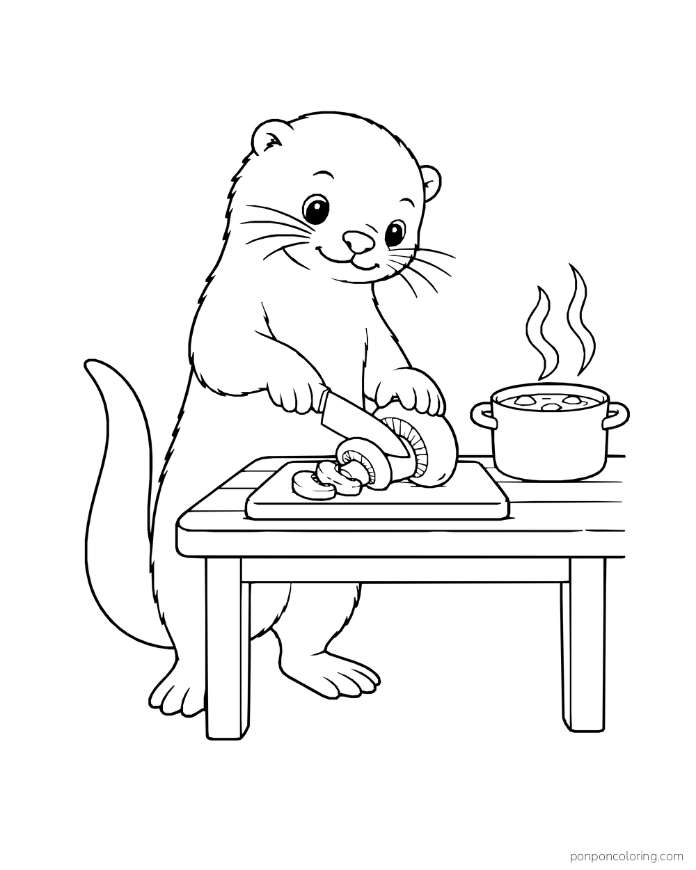 Otter slicing a mushroom beside a steaming soup pot on a table.