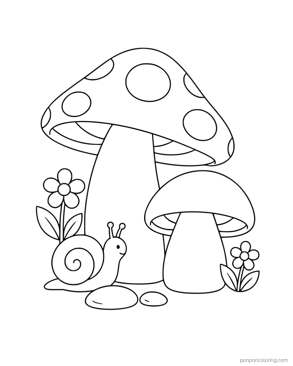 A tall spotted mushroom and a smaller plain mushroom beside a snail, flowers and pebbles.