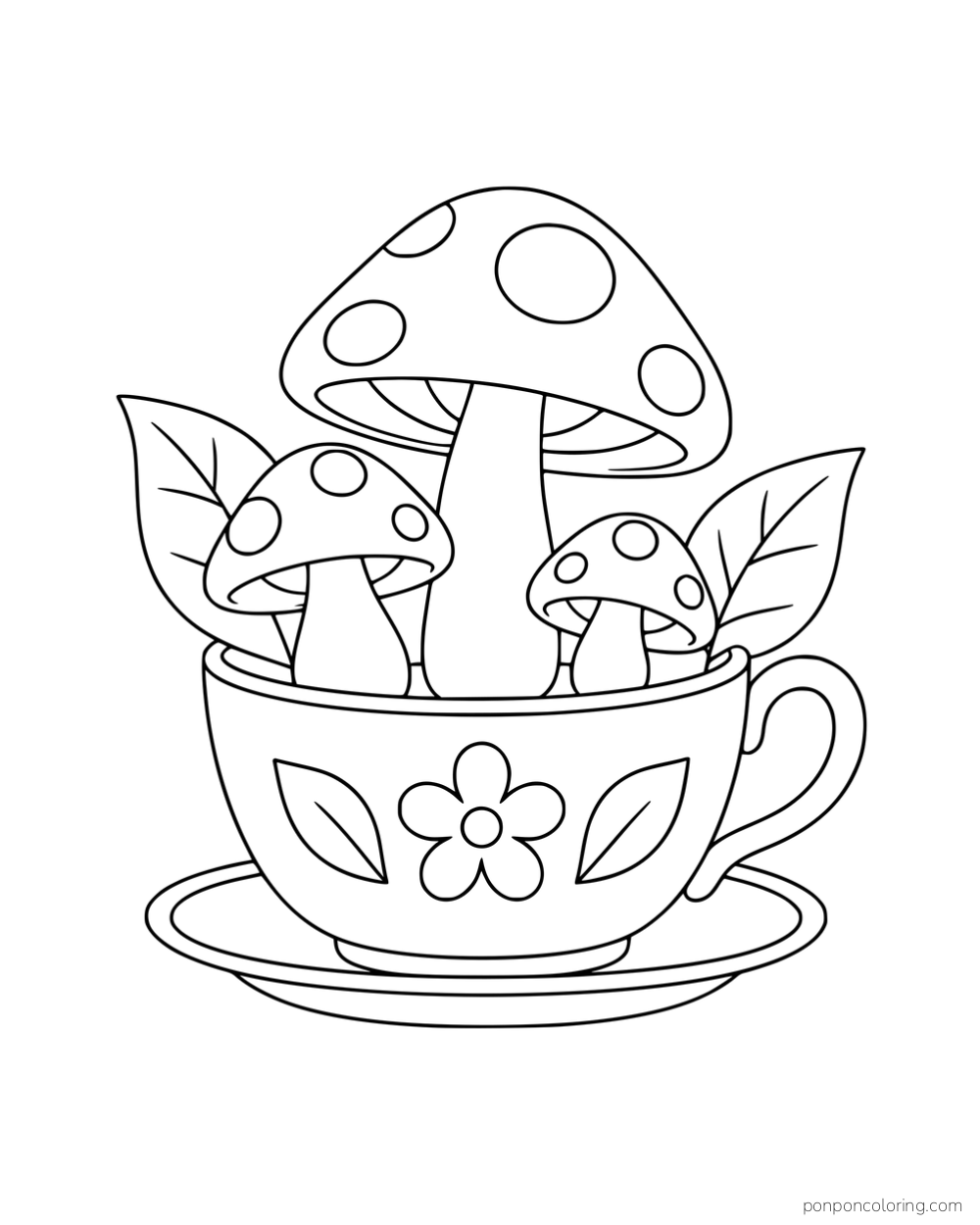Three mushrooms and broad leaves growing in a flower-decorated teacup on a saucer.