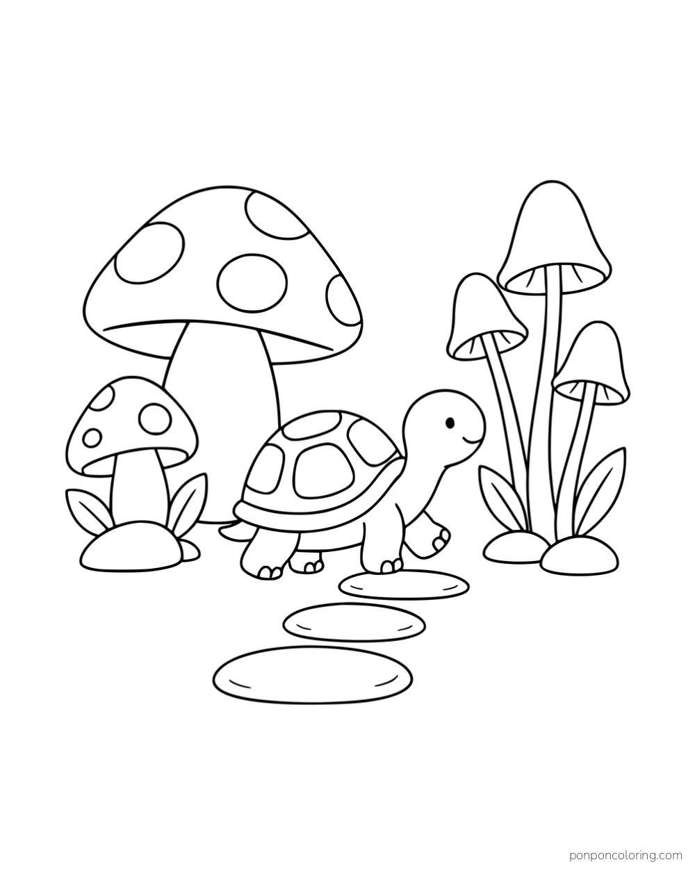 A turtle walking between broad spotted mushrooms and slender bell-shaped mushrooms beside a stepping-stone path.