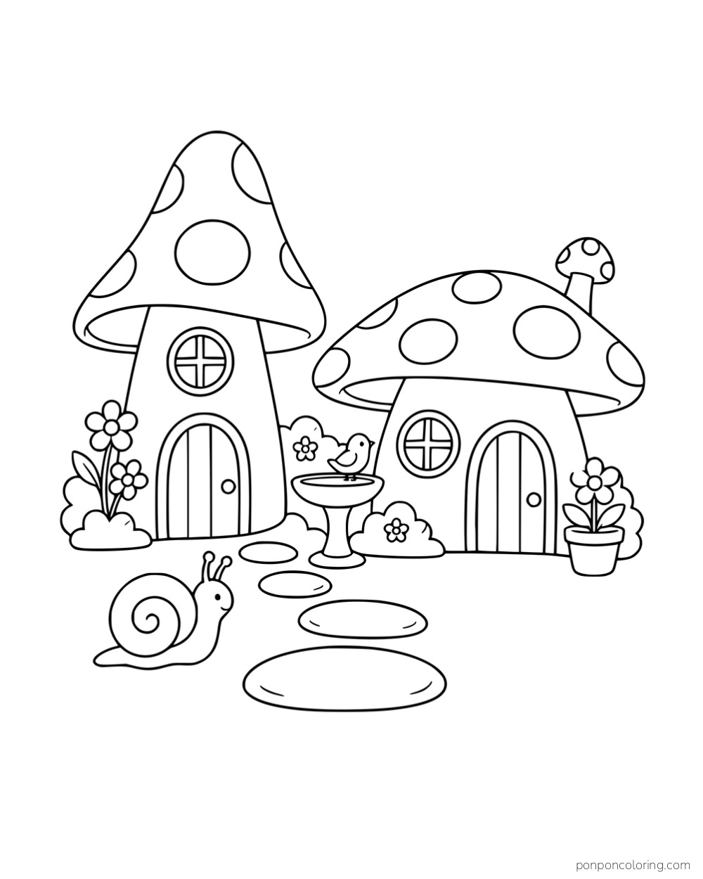 Two mushroom cottages with different cap shapes beside a birdbath, flowering plants and a snail on a stepping-stone path.