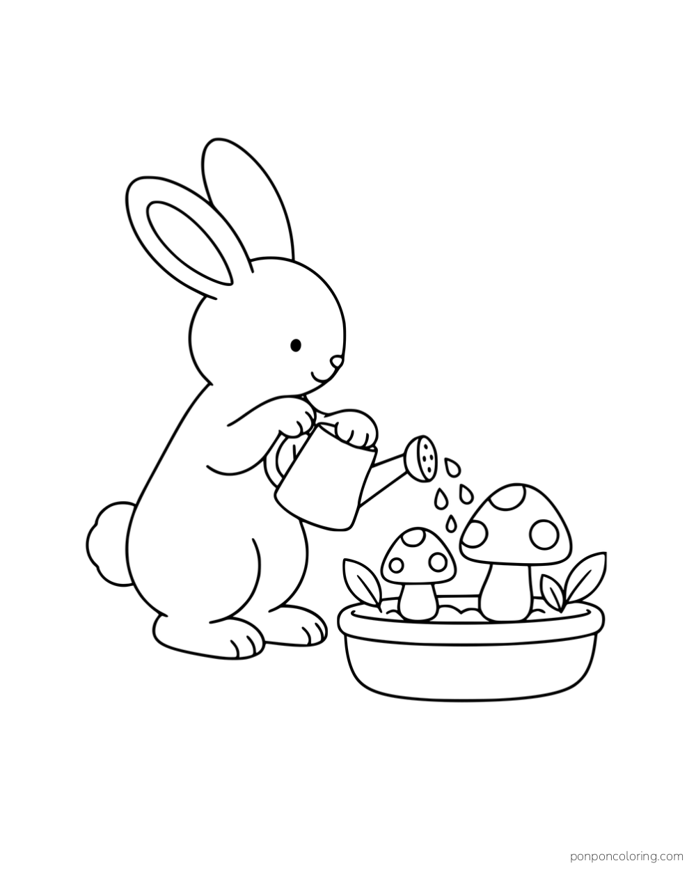 A rabbit watering two mushrooms in a shallow round planter.