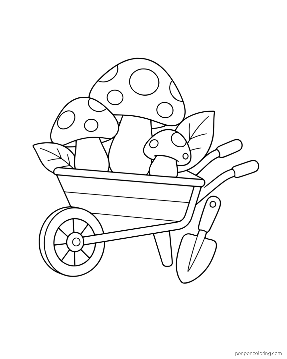 A wheelbarrow filled with three mushrooms and leaves beside a trowel.