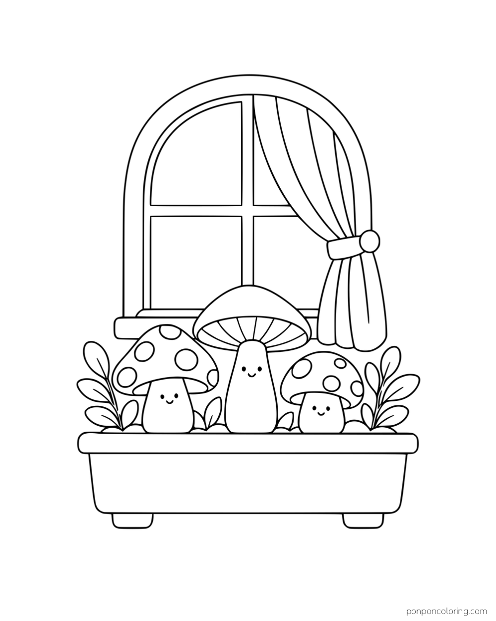 Three smiling mushrooms in a rectangular planter beneath an arched window with a curtain.