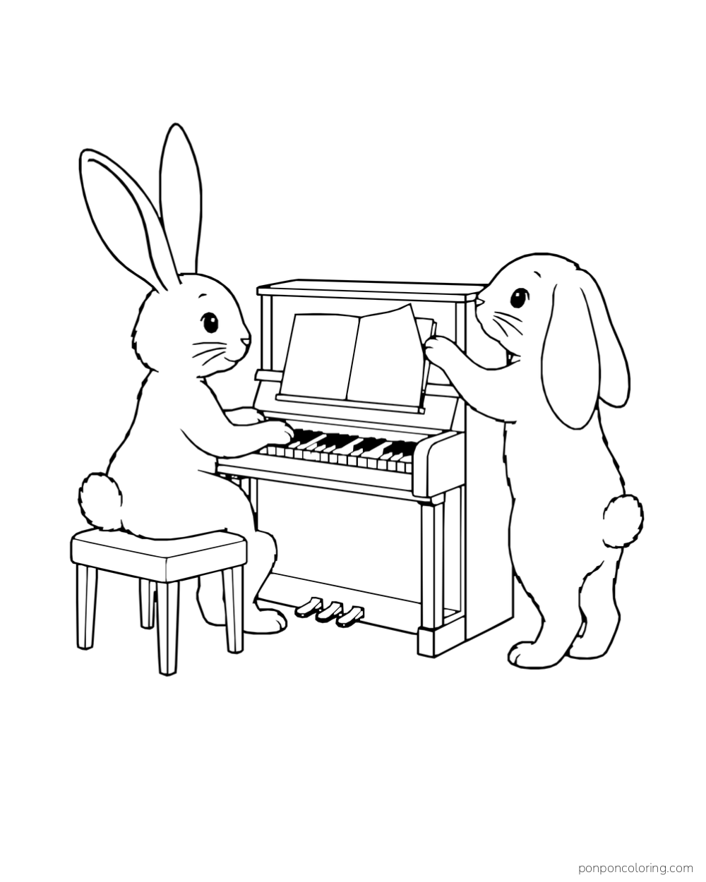 One rabbit plays an upright piano while another turns a sheet on its music stand.