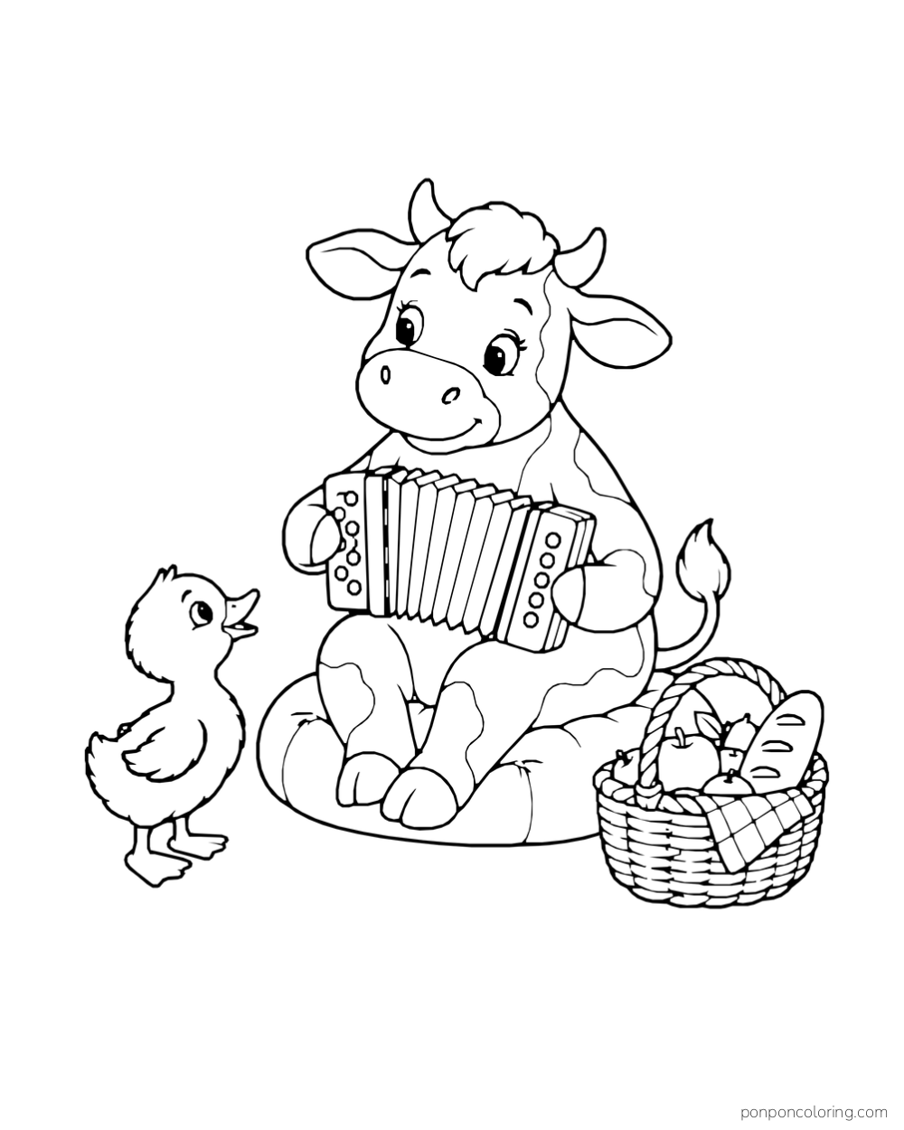 A seated cow plays an accordion for a duckling beside a basket.