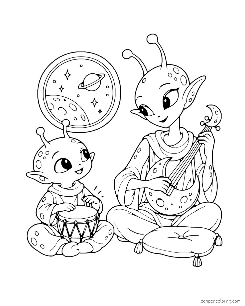 Two aliens play a drum and a moon-shaped string instrument.